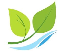 two green leaves with a water stream flowing underneath on a white background. The design uses clean lines and simple shapes, symbolizing nature, gardening, and environmental sustainability vector
