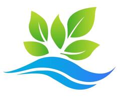 This image showcases a stylized logo featuring green leaves above flowing blue water. The design is modern and clean, set against a white background. Concept of eco-friendliness. vector
