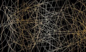 An abstract background filled with chaotic lines in gold and white hues on a black backdrop. Concept of dynamic design vector