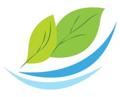 two green leaves with blue curved lines below, symbolizing water. The design is simple and minimalistic with smooth edges on a white background. Concept of nature, eco-friendly, and sustainability vector