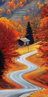 Winding road through vibrant autumn foliage near a rustic cabin photo
