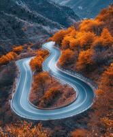 Winding mountain road surrounded by autumn foliage in a serene landscape photo
