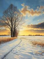 Golden sunset over a snowy field with a silhouette of trees photo