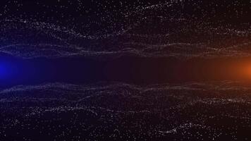Through a horizontal tunnel of two surfaces of wandering particles between the blue and yellow light sources. Seamless looping animation.. video