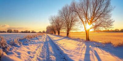 Winter sunset over a snow-covered path lined with trees in a rural area photo
