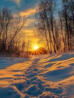 Golden sunset over a snowy path in a tranquil winter forest photo