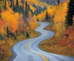 Winding road through vibrant autumn foliage in a mountainous area photo