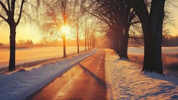 Golden sunrise illuminating a snowy road lined with trees photo