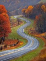 Winding country road surrounded by colorful autumn foliage in daylight photo