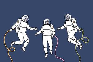 Group of astronauts participating in space research mission floats in zero gravity vector