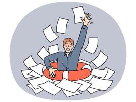 Business man with lifeline is drowning in paperwork, suffering from burnout-causing bureaucracy vector