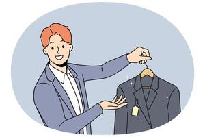 Man holds new jacket with tag offering to buy business clothes for managers or clerks vector