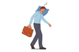 Tired business man sleeps on move, putting head on pillow and closing eyes due to extreme exhaustion vector