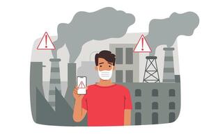 Man suffers from industrial emissions of smoke and harmful substances, standing near factory vector