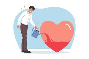 Business man accumulates motivation and ambition by filling heart with blood from watering can vector