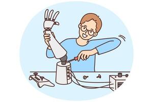 Smart boy develop robot in science lab vector