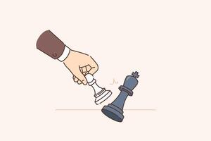 Hand of chess player knocking down king with pawn symbolizes skills of strategic actions in business vector