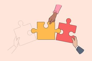 Teamwork of business people whose hands are putting together big puzzle to achieve unity and synergy vector