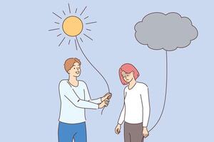 Psychological support for upset woman with cloud on string provided by happy guy with sun in hands vector