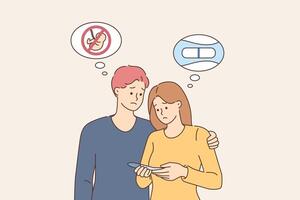 Problem of infertility in unhappy couple holding negative pregnancy test and wanting to have child vector
