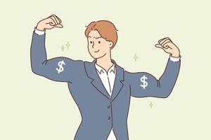 Rich business man shows big biceps with dollar symbols, and smiles, rejoicing at accumulated capital vector