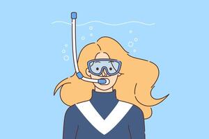 Woman is fond of diving, swims underwater with scuba and glasses to observe life of fish and corals vector