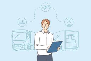 Business man from logistics company stands near cargo fergon and airplane and geotag icons vector