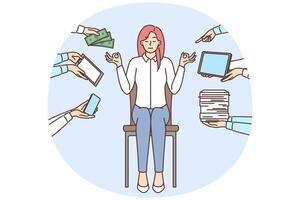 Calm businesswoman meditate distracted form office work vector