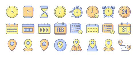 Clocks, calendars, and map location icon set on a white background. Time, date and address symbols. illustration vector