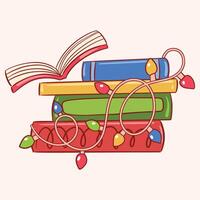 Colorful Stack of Books Draped with Festive String Lights vector