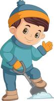 Cartoon little boy in winter clothes shoveling snow vector