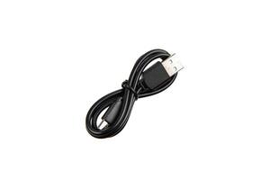 Black USB cable with two connectors, neatly coiled and secured with a strap, isolated on a white background. photo