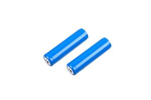 Two blue cylindrical batteries on a white background, representing rechargeable power sources with high capacity and durability. Isolate on white back. photo