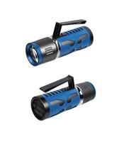 Modern metal LED flashlight in blue color. Portable flashlight isolate on a white back photo