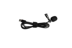 A black lavalier microphone with a foam windscreen and a USB-C connector, neatly coiled with a Velcro strap, isolated on a white back photo