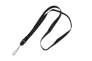 Black lanyard with a detachable buckle and a loop for holding small items, isolated on a white background, ideal for keys, ID badges, or small electronic devices photo