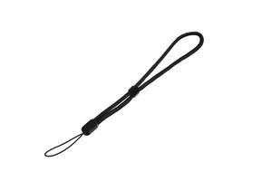 A black wrist strap with an adjustable loop, commonly used for securing small electronic devices like cameras or USB drives, isolated on a white back. photo