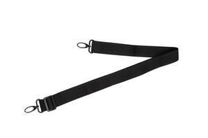 Adjustable black nylon strap with metal swivel hooks on both ends, suitable for bags, cameras, or other items requiring a durable and versatile strap. Isolate on white back photo