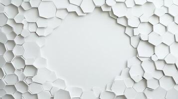 A white abstract design with a white circle in the middle. The circle is surrounded by hexagonal shapes. photo