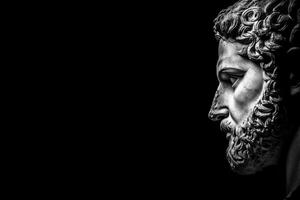 A dramatic black and white close-up of a classical statue's profile, showcasing intricate details of the beard and hair, set against a dark background. photo