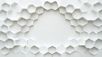 A white abstract design with a white circle in the middle. The circle is surrounded by hexagonal shapes. photo