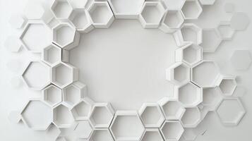 A white abstract design with a white circle in the middle. The circle is surrounded by hexagonal shapes. photo
