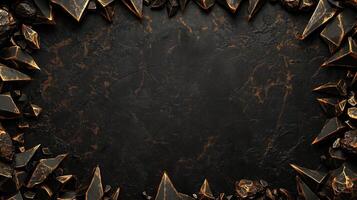 Dark and dramatic fantasy background featuring sharp, jagged black rocks with metallic gold accents, creating a luxurious and mystical atmosphere, perfect for game design, posters, or digital art photo