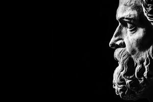 A dramatic black and white close-up of a classical statue's profile, showcasing intricate details of the beard and hair, set against a dark background. photo