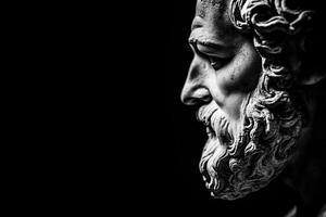 A dramatic black and white close-up of a classical statue's profile, showcasing intricate details of the beard and hair, set against a dark background. photo