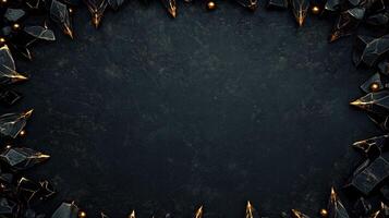 Dark and dramatic fantasy background featuring sharp, jagged black rocks with metallic gold accents, creating a luxurious and mystical atmosphere, perfect for game design, posters, or digital art photo