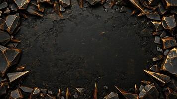 Dark and dramatic fantasy background featuring sharp, jagged black rocks with metallic gold accents, creating a luxurious and mystical atmosphere, perfect for game design, posters, or digital art photo