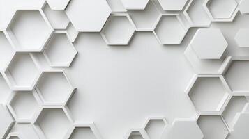 A white abstract design with a white circle in the middle. The circle is surrounded by hexagonal shapes. photo