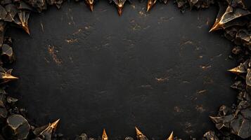 Dark and dramatic fantasy background featuring sharp, jagged black rocks with metallic gold accents, creating a luxurious and mystical atmosphere, perfect for game design, posters, or digital art photo
