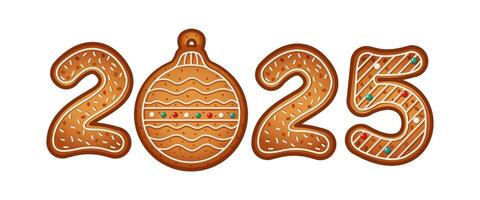 Decorated gingerbread cookies forming year 2025 with fir-tree ball replacing zero flat color objects. Christmas biscuits with festive sweetness illustration vector